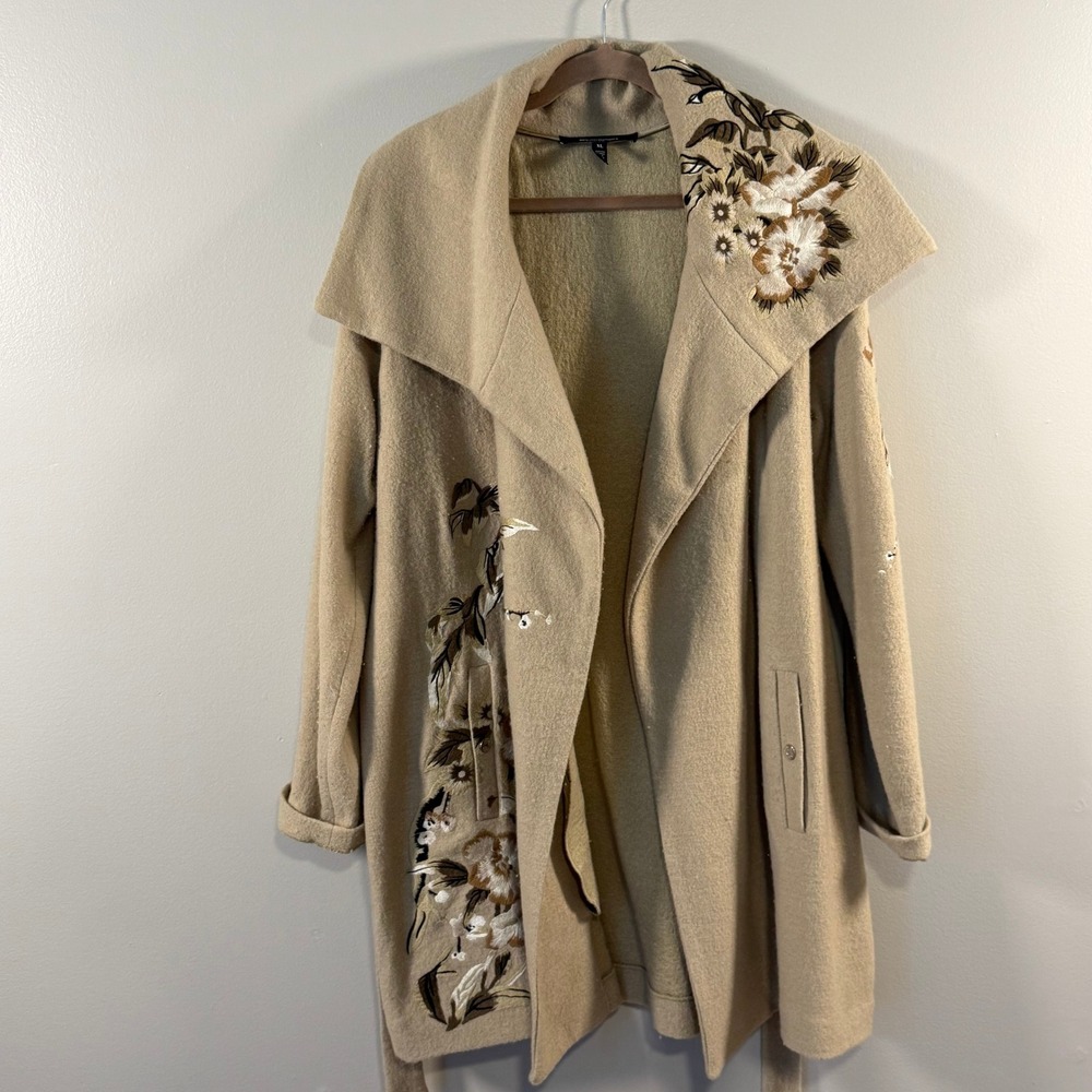 White House Black Market Wool Blend Floral Embroidered Wrap Coat Beige XL